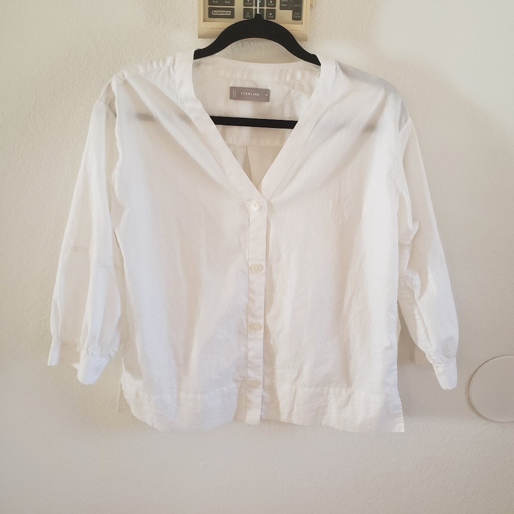 Everlane Collarless White Button-Up Blouse 00‎